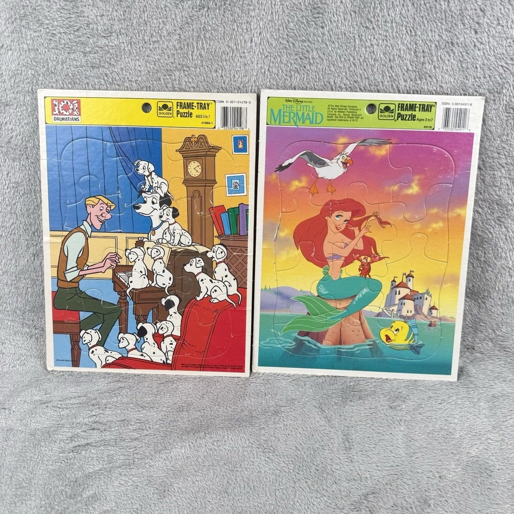 Lot of 2 Disney Frame Tray Puzzle Golden 101 Dalmatians & Little Mermaid 1990s